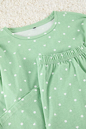 Kadın Moda Büyük Beden Bisiklet Yaka Boru Paça Uzun Kol Kalp ve Puantiye Desenli Örme Pijama Takımı
