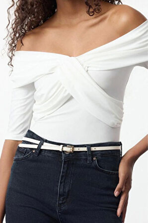 Kadın Moda Şık Üst Giyim Uzun Carmen Yaka Fitted Kalıp Örme Kruvaze Kapama Vücuda Oturan Bluz