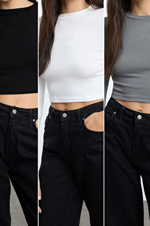 Kadın Crop Bisiklet Yaka Fitted Kalıp Örme Siyah-Beyaz-Vizon Çizgili 3lü Paket Vücuda Oturan Bluz