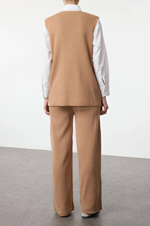 Kadın Moda Şık Regular Boy Kolsuz Triko Yelek Pantolon Alt Üst Takım