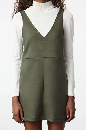 Kadın Moda Şık Mini Boy V Yaka Slim Jile Süet Örme Elbise