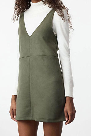 Kadın Moda Şık Mini Boy V Yaka Slim Jile Süet Örme Elbise