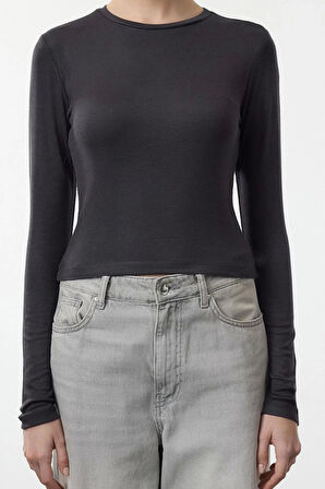 Kadın Moda Şık Üst Giyim Crop Bisiklet Yaka Slim Kalıp Örme Viskon Esnek Bluz