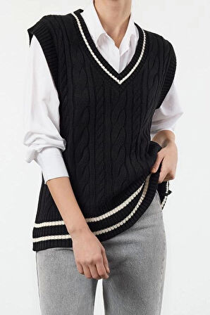 Kadın Moda Şık V Yaka Standart Kol Regular Saç Örgülü Renk Bloklu Triko Süveter