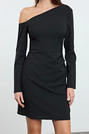 Kadın Moda Şık Mini Boy Asimetrik Yaka Regular Dokuma Elbise