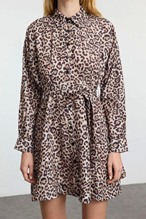 Kadın Moda Şık Mini Boy Gömlek Yaka Regular Kahverengi001 Çizgili Dokuma Elbise