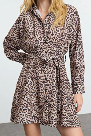 Kadın Moda Şık Mini Boy Gömlek Yaka Regular Kahverengi001 Çizgili Dokuma Elbise