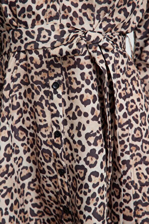 Kadın Moda Şık Mini Boy Gömlek Yaka Regular Kahverengi001 Çizgili Dokuma Elbise