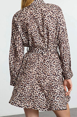 Kadın Moda Şık Mini Boy Gömlek Yaka Regular Kahverengi001 Çizgili Dokuma Elbise