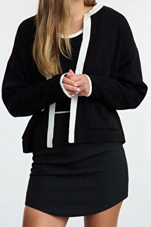 Kadın Moda Şık Bisiklet Yaka Standart Kol Regular Renk Bloklu Triko Bluz- Hırka Takım