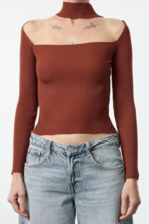 Kadın Moda Şık Kare Yaka Reglan Kol Regular Yaka Detaylı Triko Kazak