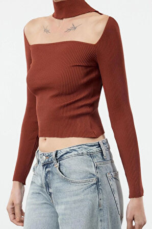 Kadın Moda Şık Kare Yaka Reglan Kol Regular Yaka Detaylı Triko Kazak
