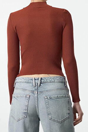 Kadın Moda Şık Kare Yaka Reglan Kol Regular Yaka Detaylı Triko Kazak