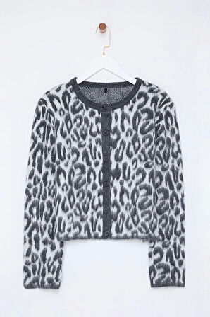 Kadın Moda Şık Bisiklet Yaka Standart Kol Regular Leopar Desenli Triko Hırka