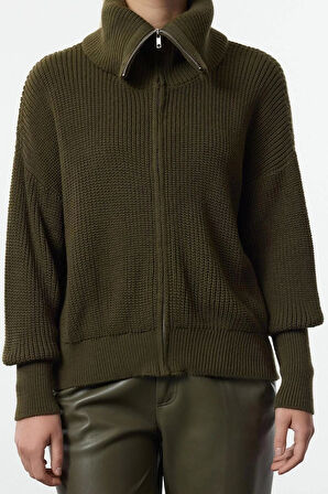 Kadın Moda Şık Devrik Yaka Düşük Kol Regular Geniş Kalıp Fermuarlı Triko Hırka