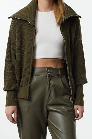 Kadın Moda Şık Devrik Yaka Düşük Kol Regular Geniş Kalıp Fermuarlı Triko Hırka