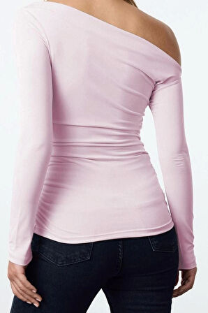 Kadın Regular Asimetrik Yaka Slim Kalıp Örme Büzgü Drape Fitted Vücuda Oturan Kollu Esnek Bluz