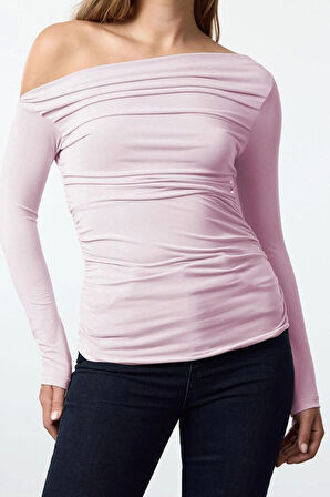 Kadın Regular Asimetrik Yaka Slim Kalıp Örme Büzgü Drape Fitted Vücuda Oturan Kollu Esnek Bluz