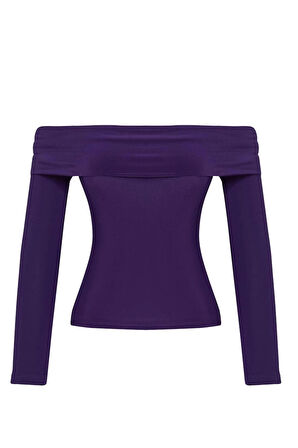 Kadın Moda Şık Üst Giyim Uzun Carmen Yaka Regular Kalıp Örme Fitted Vücuda Oturan Esnek Bluz