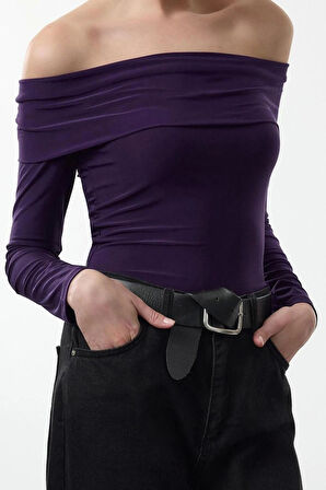 Kadın Moda Şık Üst Giyim Uzun Carmen Yaka Regular Kalıp Örme Fitted Vücuda Oturan Esnek Bluz