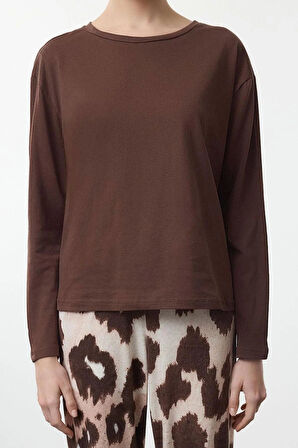 Kadın Moda Şık Bisiklet Yaka Geniş Paça Uzun Kol %100 Pamuklu Leopar Desenli Örme Pijama Takımı