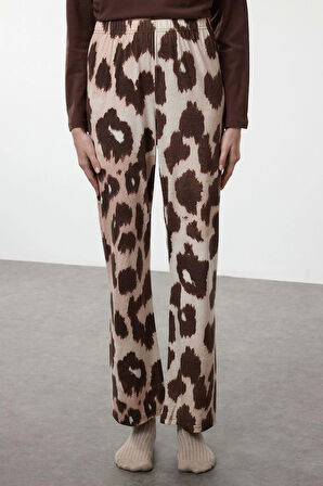 Kadın Moda Şık Bisiklet Yaka Geniş Paça Uzun Kol %100 Pamuklu Leopar Desenli Örme Pijama Takımı