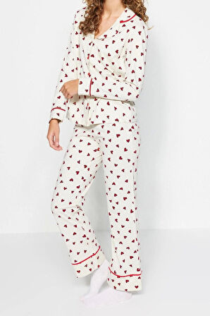 Kadın Moda Gömlek Yaka Boru Paça Uzun Kol %100 Pamuk Kalp Desenli Gömlek-Pantolon Örme Pijama Takımı