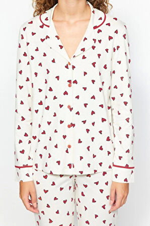 Kadın Moda Gömlek Yaka Boru Paça Uzun Kol %100 Pamuk Kalp Desenli Gömlek-Pantolon Örme Pijama Takımı