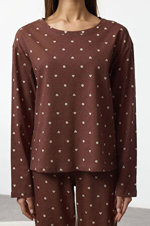 Kadın Moda Bisiklet Yaka Boru Paça Uzun Kol %100 Pamuklu Puantiye ve Kalp Desenli Örme Pijama Takımı