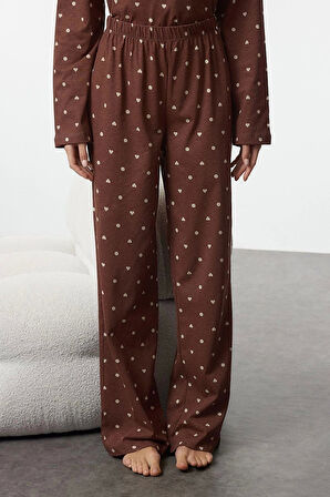 Kadın Moda Bisiklet Yaka Boru Paça Uzun Kol %100 Pamuklu Puantiye ve Kalp Desenli Örme Pijama Takımı