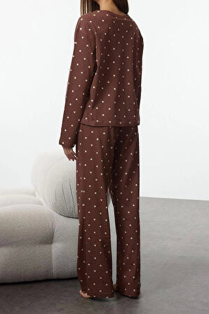 Kadın Moda Bisiklet Yaka Boru Paça Uzun Kol %100 Pamuklu Puantiye ve Kalp Desenli Örme Pijama Takımı