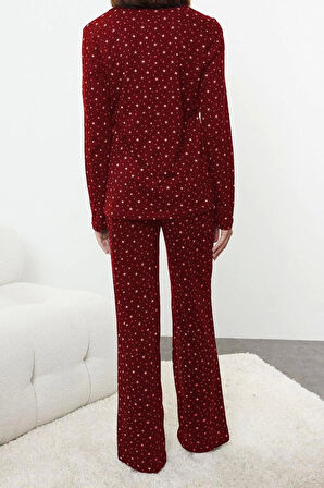 Kadın Moda Şık Gömlek Yaka Geniş Paça Uzun Kol %100 Pamuklu Galaksi Desenli Örme Pijama Takımı