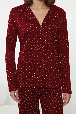 Kadın Moda Şık Gömlek Yaka Geniş Paça Uzun Kol %100 Pamuklu Galaksi Desenli Örme Pijama Takımı