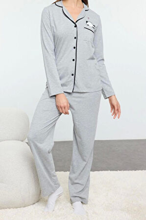 Kadın Moda Şık Gömlek Yaka Boru Paça Uzun Kol Pamuklu Panda Baskılı Örme Pijama Takımı