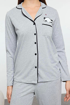 Kadın Moda Şık Gömlek Yaka Boru Paça Uzun Kol Pamuklu Panda Baskılı Örme Pijama Takımı