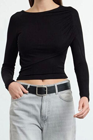 Kadın Moda Şık Üst Giyim Crop Bisiklet Yaka Fitted Kalıp Örme Büzgü Drape Detaylı Vücuda Oturan Bluz