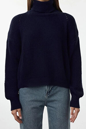 Kadın Moda Şık Balıkçı Yaka Reglan Kol Crop Triko Kazak