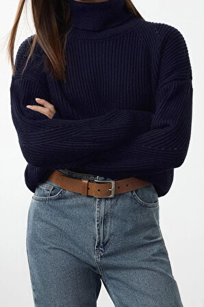 Kadın Moda Şık Balıkçı Yaka Reglan Kol Crop Triko Kazak