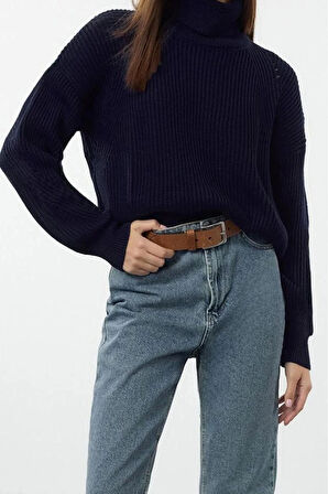 Kadın Moda Şık Balıkçı Yaka Reglan Kol Crop Triko Kazak