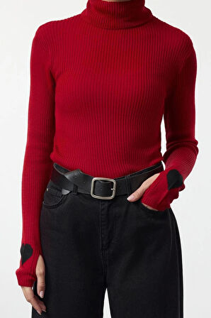 Kadın Moda Şık Dik Yaka Standart Kol Regular Kol Detaylı Triko Kazak