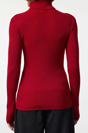 Kadın Moda Şık Dik Yaka Standart Kol Regular Kol Detaylı Triko Kazak