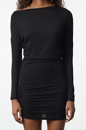 Kadın Moda Şık Mini Boy Asimetrik Yaka Slim Bodycone Vücuda Oturan Örme Elbise