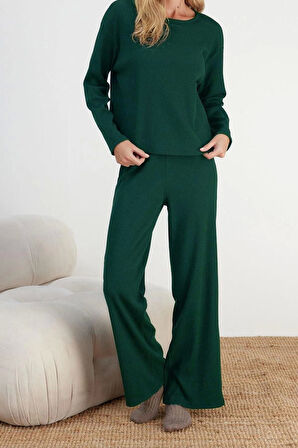 Kadın Moda Şık Bisiklet Yaka Geniş Paça Uzun Kol Fitilli Örme Pijama Takımı