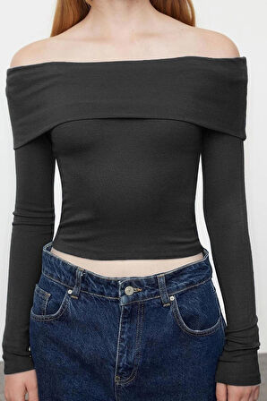 Kadın Moda Şık Üst Giyim Crop Carmen Yaka Slim Kalıp Örme Kısa Esnek Bluz