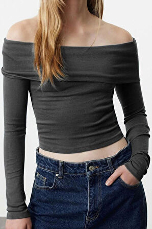 Kadın Moda Şık Üst Giyim Crop Carmen Yaka Slim Kalıp Örme Kısa Esnek Bluz
