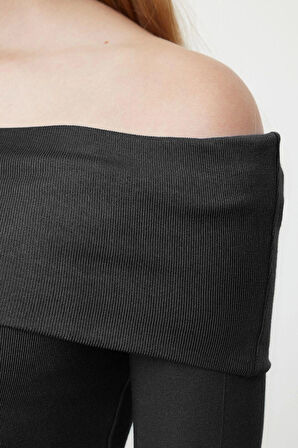 Kadın Moda Şık Üst Giyim Crop Carmen Yaka Slim Kalıp Örme Kısa Esnek Bluz