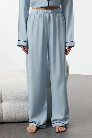Kadın Moda Şık Gömlek Yaka Boru Paça Uzun Kol Kalpli Biyeli Viskon Dokuma Pijama Takımı