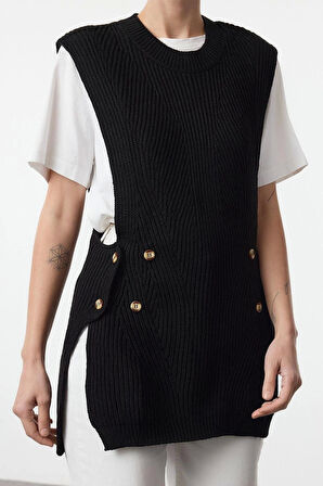 Kadın Moda Şık Bisiklet Yaka Standart Kol Regular Düğme Detaylı Triko Süveter