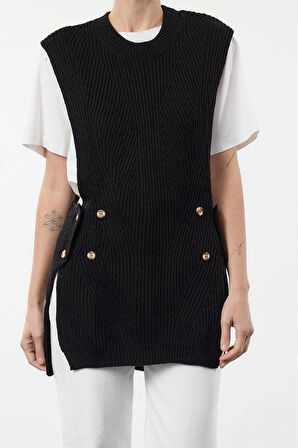Kadın Moda Şık Bisiklet Yaka Standart Kol Regular Düğme Detaylı Triko Süveter