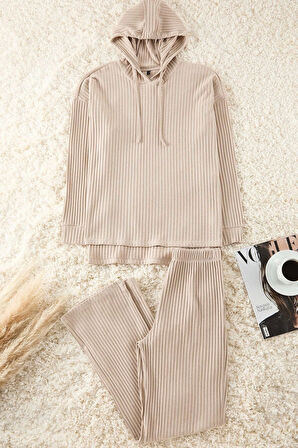 Kadın Moda Şık Kapüşonlu Boru Paça Uzun Kol Pamuklu Fitilli Örme Pijama Takımı